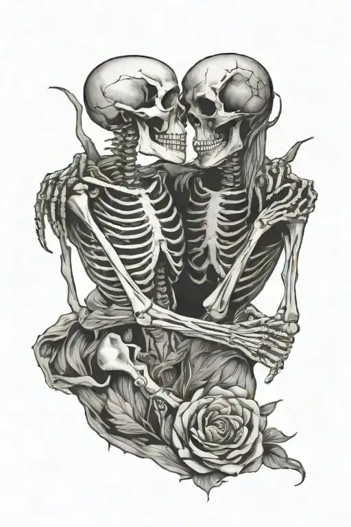2 skeletons desperately in love and try to reach each other opposite direction  tattoo design idea