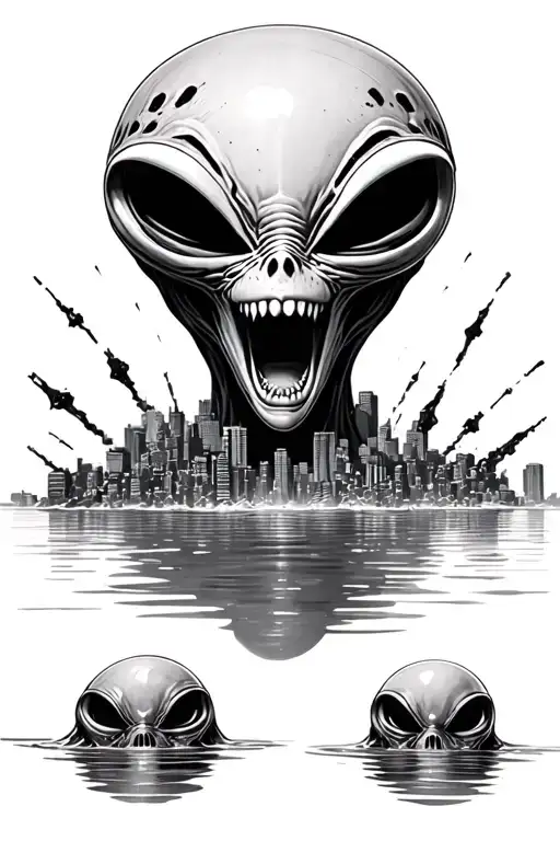 aliens Attack the cities, angry alien head in the middle, Tubes with Humans in water, Experiments in Humans, abduction tattoo design idea