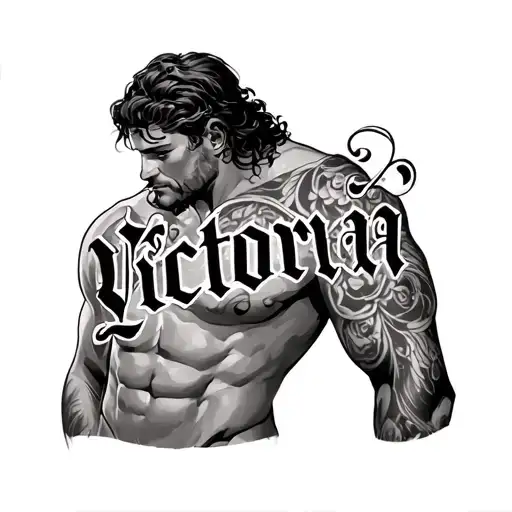 Victoria name tattoo on guy's chest tattoo design idea