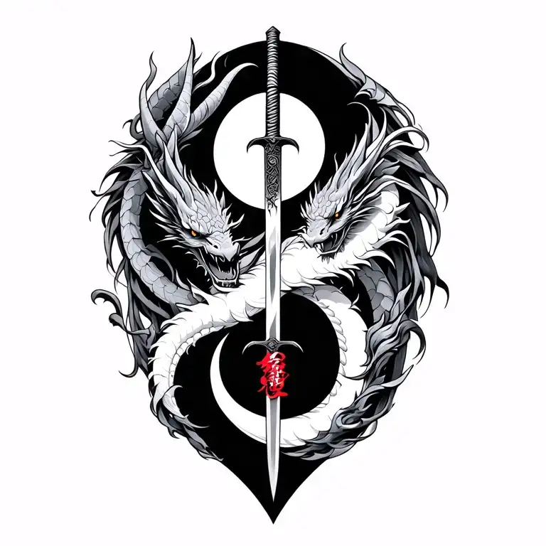 dragon Ying yang symbol wrapping round a samurai sword tattoo design idea