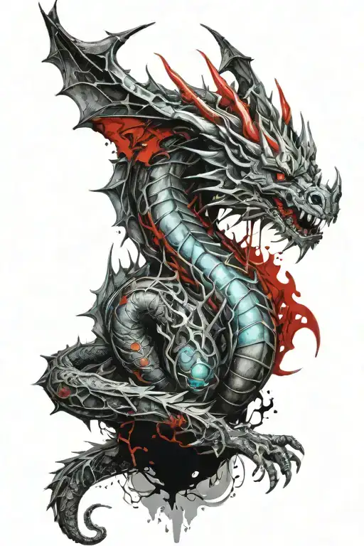 dragon with aquamarine and bloodstones, the name 'Maverick', burning incense sticks tattoo design idea