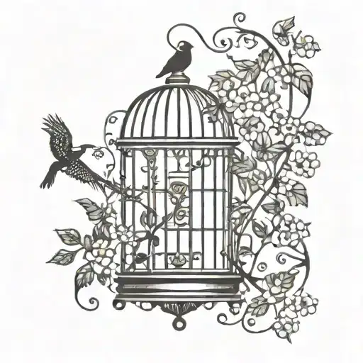 bird cage with long wisterias flowers and ivy vines tattoo design idea