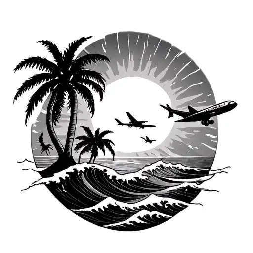 Palm tree, 6 friends, wave, sun, airplane tattoo design idea