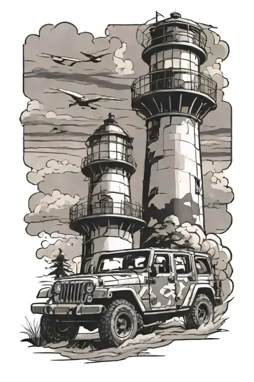lighthouse, jeep, camo tattoo design idea