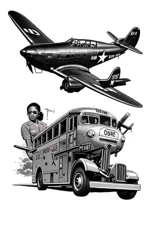 F4U corsair aircraft with rosa parks bus and malcom x with AK tattoo tattoo design idea