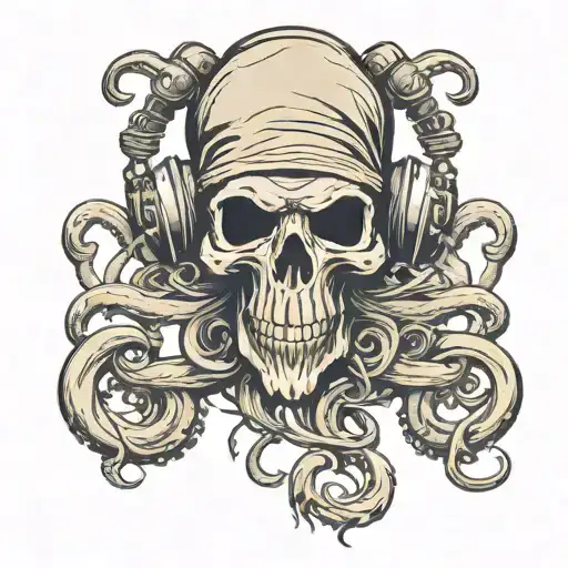 gaming skull kraken look with skeletal tentacles, headphone and hood logo  KRATOZ font style ambigram with wood barnish  tattoo design idea