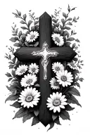 daisys and vines surrounding a cross tattoo design idea