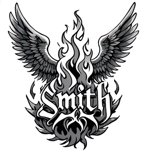 name smith with wings and fire comig from uderneath tattoo design idea