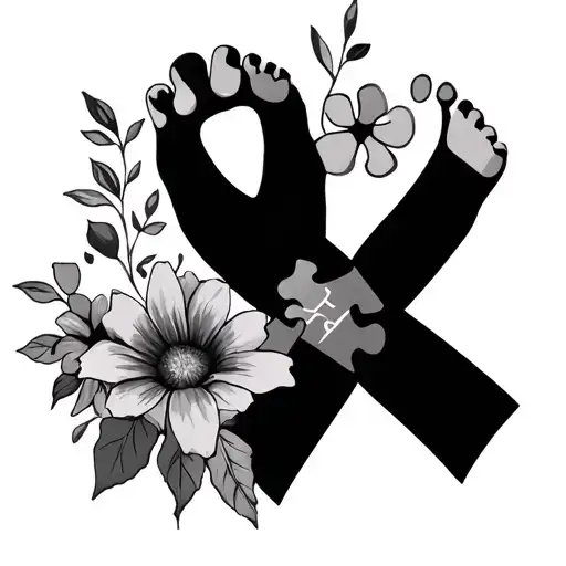 Autism puzzle pieces, fragile x ribbon, baby foot print, flowers tattoo design idea
