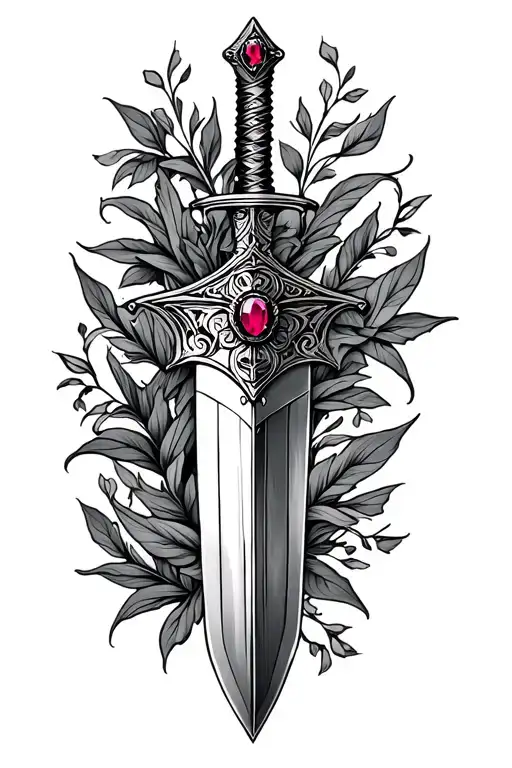 delicate dagger with ruby at hilt blade wrapped in fine line foliage tattoo design idea