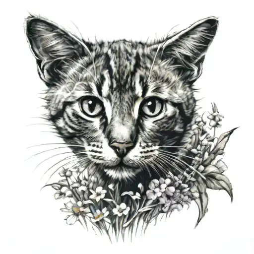 cat playing in a field of wildflowers tattoo design idea