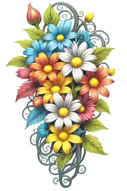 Colorful daisies  intertwined around a vine tattoo design idea