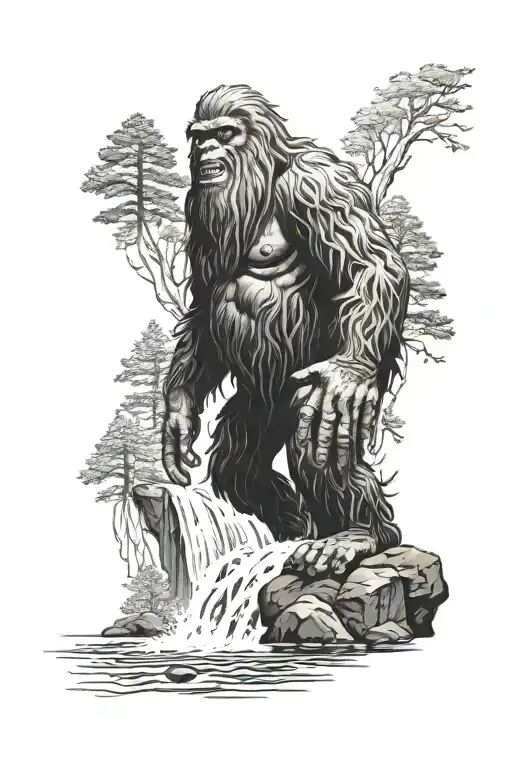 Sasquatch w waterfalls cascading tattoo design idea