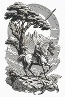 Islam. horses. prophet. imam Ali sword. cedar trees. desert. mountains. tattoo design idea