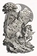 Islam. horses. prophet. imam Ali sword. cedar trees. desert. mountains. tattoo design idea