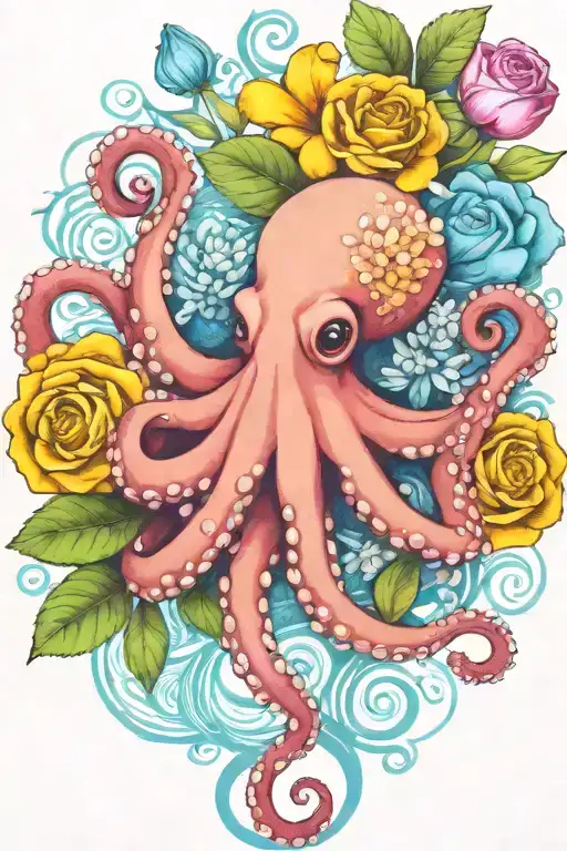 octopus, white snowdrop flower, rose,  marigold flower tattoo design idea