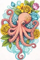 octopus, white snowdrop flower, rose,  marigold flower tattoo design idea