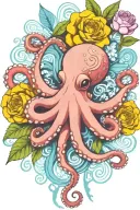 octopus, white snowdrop flower, rose,  marigold flower tattoo design idea