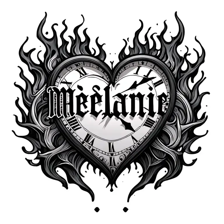 "Mélanie" clock heart in flame tattoo design idea