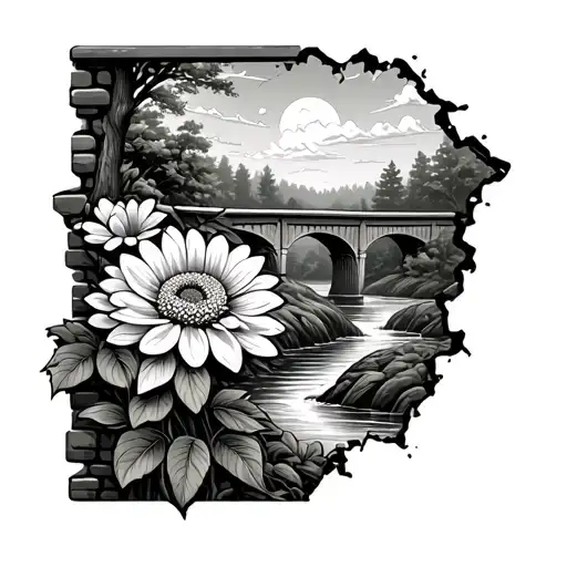 brick wall being torn with Chrysanthemum bouquet and bridge woods river sky tattoo design idea