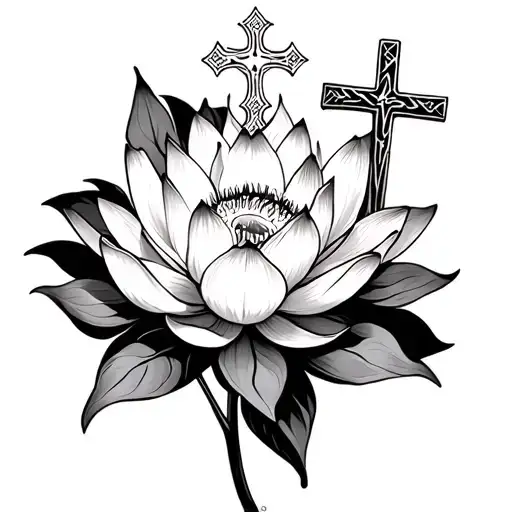 Lotus Flower with Roasary and Cross with Yahweh tattoo design idea