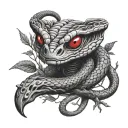 cobra with red eyes wrapped around a dead tree branch tattoo design idea