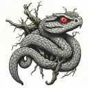 cobra with red eyes wrapped around a dead tree branch tattoo design idea
