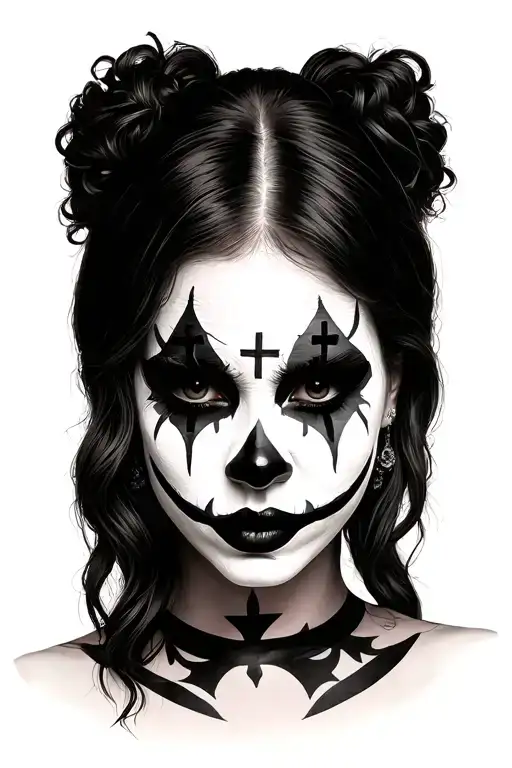 The main subject is the face of a woman with marked features and a clown or chicano -style makeup with cross tattoo design idea
