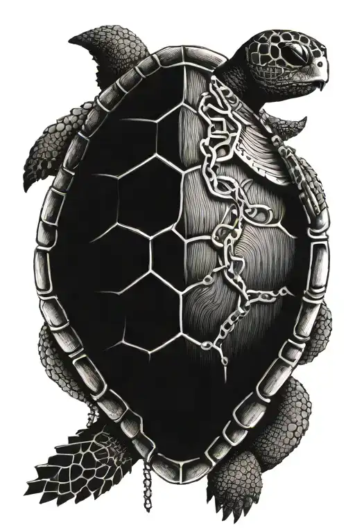 turtle shell with human arms and legs  chains. In the center there is a keyhole and in the tail he has a key, head skull tattoo design idea