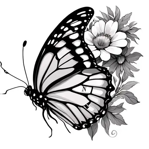 butterfly with half flowers and roman numeral body tattoo design idea