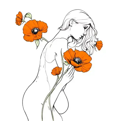 Poppy flowers, marigolds, Indian blanket flowers with a hidden sexy pin up model masturbating tattoo design idea