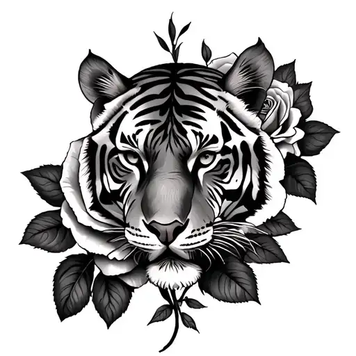 tamil tiger in between two roses growing tattoo design idea