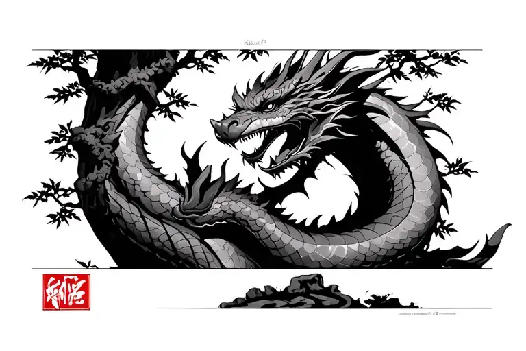 make the dragon Haku from the anime Spirited Away peek out from behind the tree tattoo design idea
