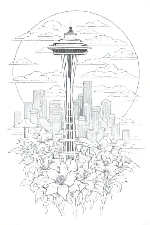 Seattle skyline mt Rainer rain bleeding gloomy dark dead flower nature intertwined tattoo design idea