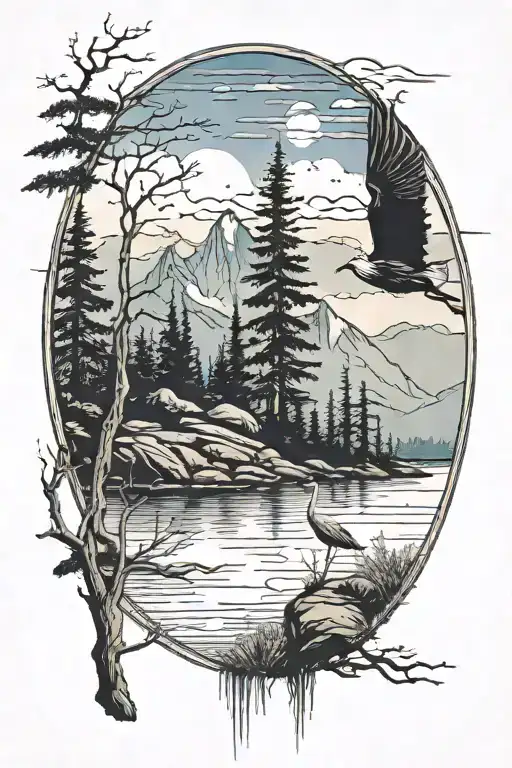 mountains, trees and blue heron silhouette in centre tattoo design idea