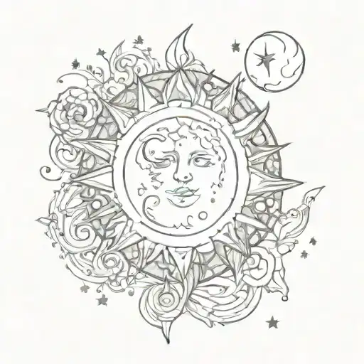 Design a upper back tattoo consisting of the stars , moon and sun representing my 3 daughters tattoo design idea