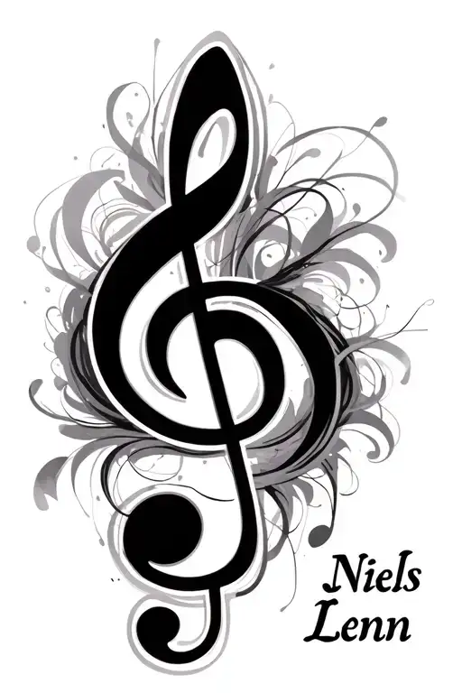 abstract treble clef integrated together with two names 'Niels' and 'Lenn' written in the stave all in black and white tattoo design idea