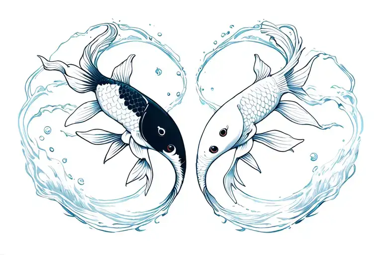 2 koi fishes, one darker and one lighter, forming the yin yang with their heads, with water lines design all around tattoo design idea