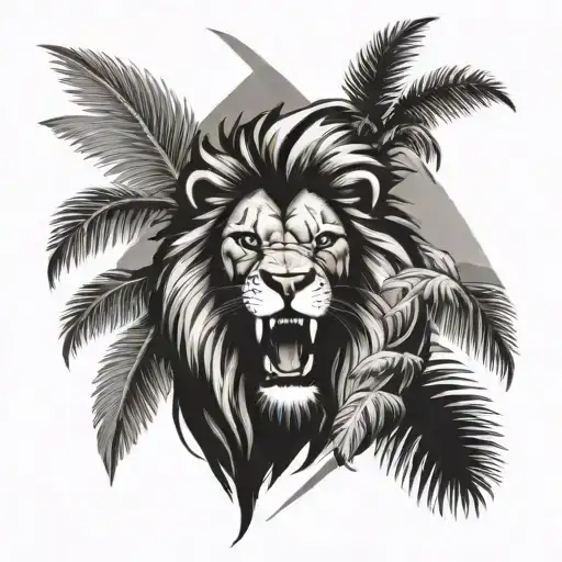 angry lion and palm trees tattoo design idea
