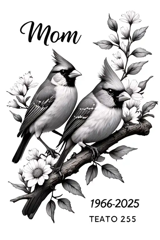 "Mom 1956-2025" male and female cardinal on a branch surrounded by wildflowers tattoo design idea