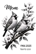 "Mom 1956-2025" male and female cardinal on a branch surrounded by wildflowers tattoo design idea
