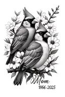 "Mom 1956-2025" male and female cardinal on a branch surrounded by wildflowers tattoo design idea