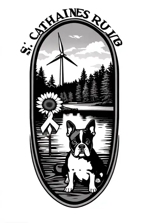 St. Catharines Rowing club logo, Wind Turbine, Sunflower, Tigger, Ovarian Cancer ribbon, Boston terrier, Trees and Lake, tattoo design idea