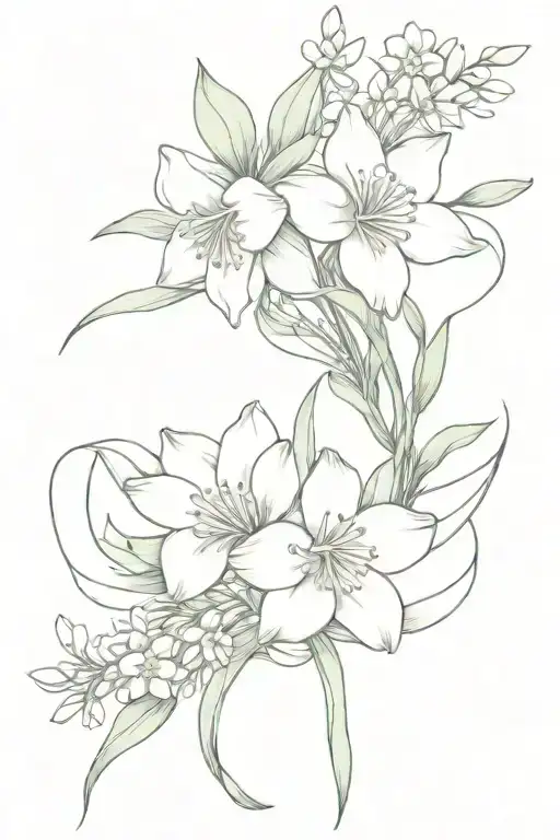 birth flower bouquet wrapped in a bow with daffodil, daisy, lily of the valley, and Hawthorne  tattoo design idea