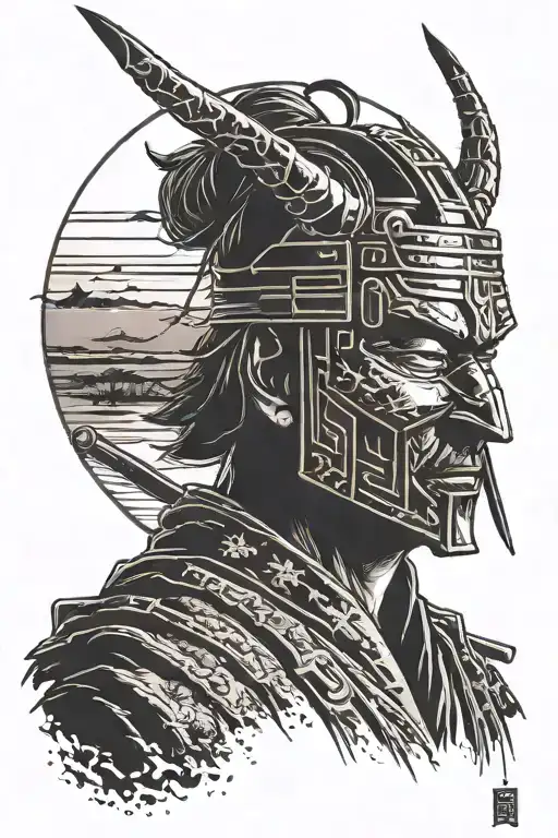 contemplative ronin wearing a traditional japanese mask head bowed with a setting sun silohuette tattoo design idea