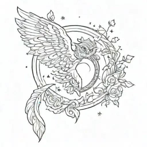 heart on sea foam, ancient Roman coin, owl, cornucopia, Nike wings, peacock feather, bow&arrow moon, small torch. tattoo design idea