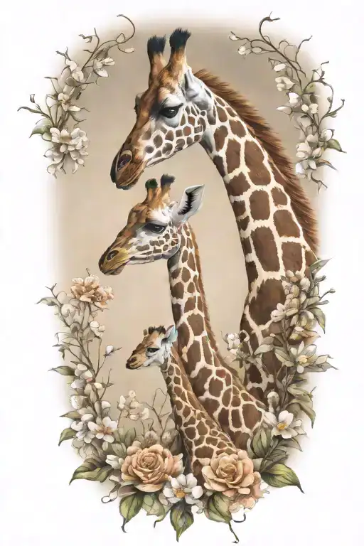 mother and baby giraffe surrounded by flowers tattoo design idea