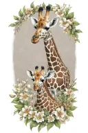 mother and baby giraffe surrounded by flowers tattoo design idea