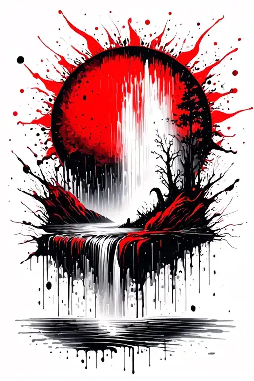 a sun melting into a waterfall that turns into rain tattoo design idea