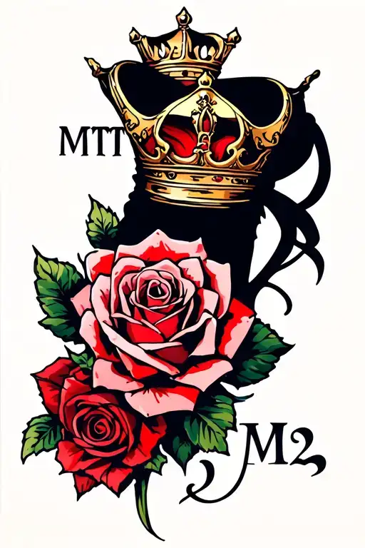 Rose sleeve with the phrase "MTTM2" at the shoulder with a crown hanging off the top letters (no head/face) tattoo design idea